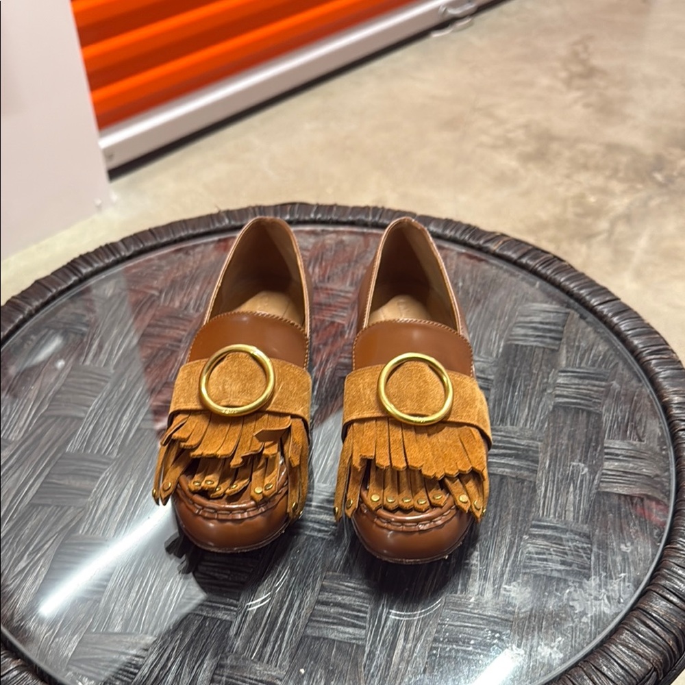 Brown Leather Loafers with Fringe Detail